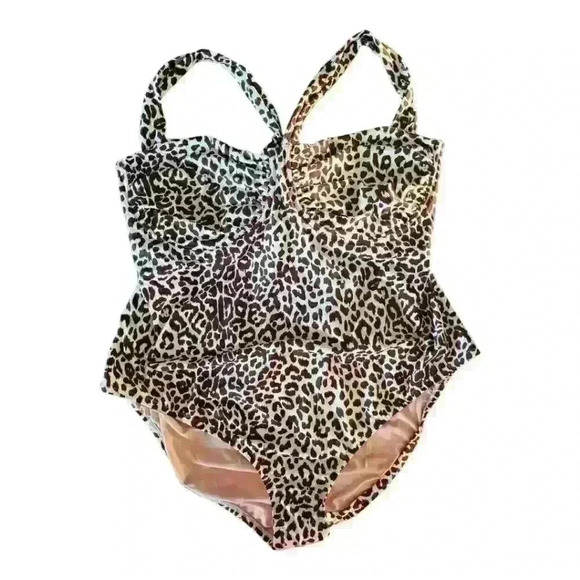 J.Crew Ruched Cup Open Tie Back Leopard Print Underwire Cup Plus Size Swimsuit - Picture 4 of 7